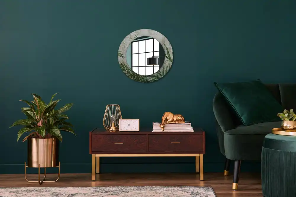 Miroir rond cadre avec impression feuilles de fougère