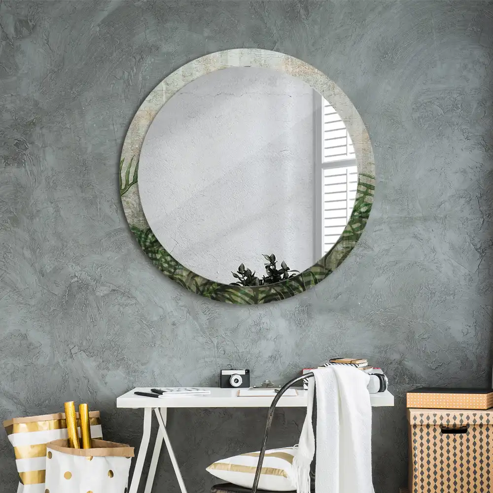 Miroir rond cadre avec impression feuilles de fougère