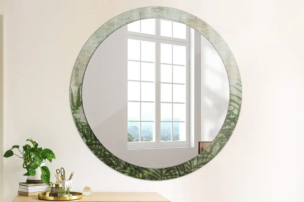 Miroir rond cadre avec impression feuilles de fougère