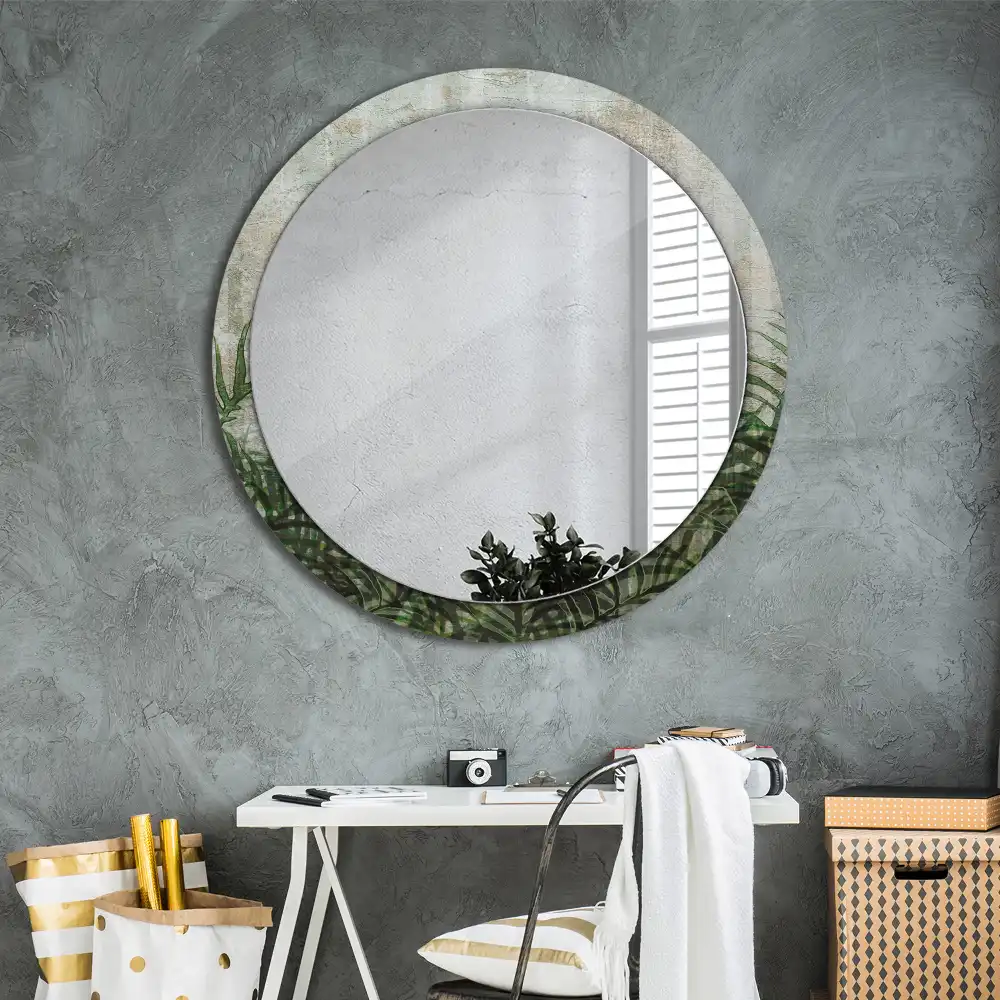 Miroir rond cadre avec impression feuilles de fougère