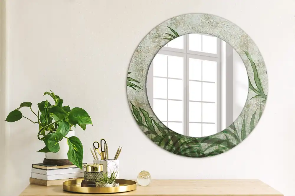Miroir rond cadre avec impression feuilles de fougère