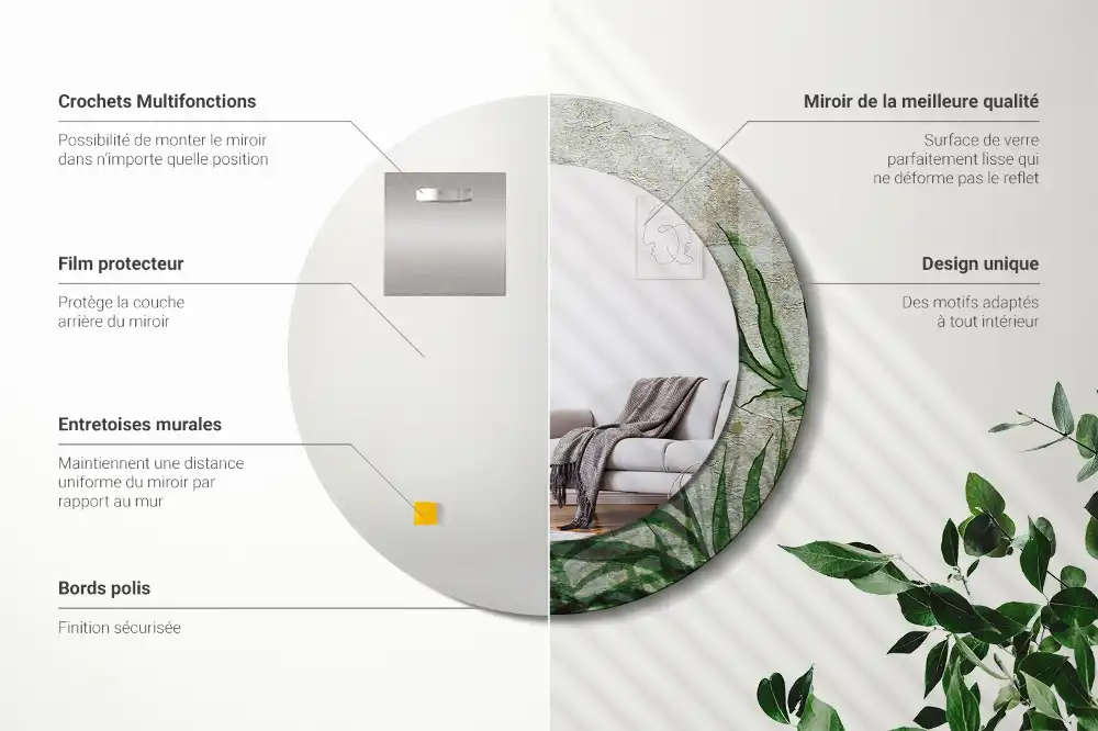 Miroir rond cadre avec impression feuilles de fougère