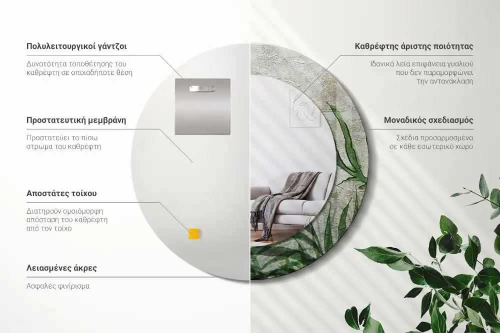 Miroir rond cadre avec impression feuilles de fougère