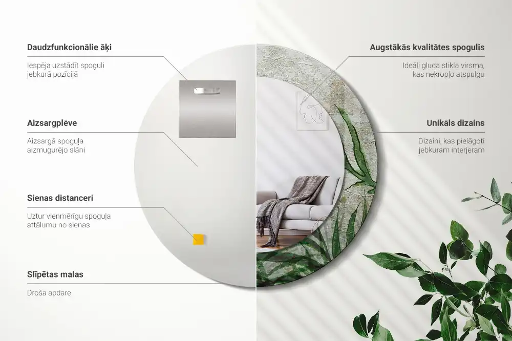 Miroir rond cadre avec impression feuilles de fougère