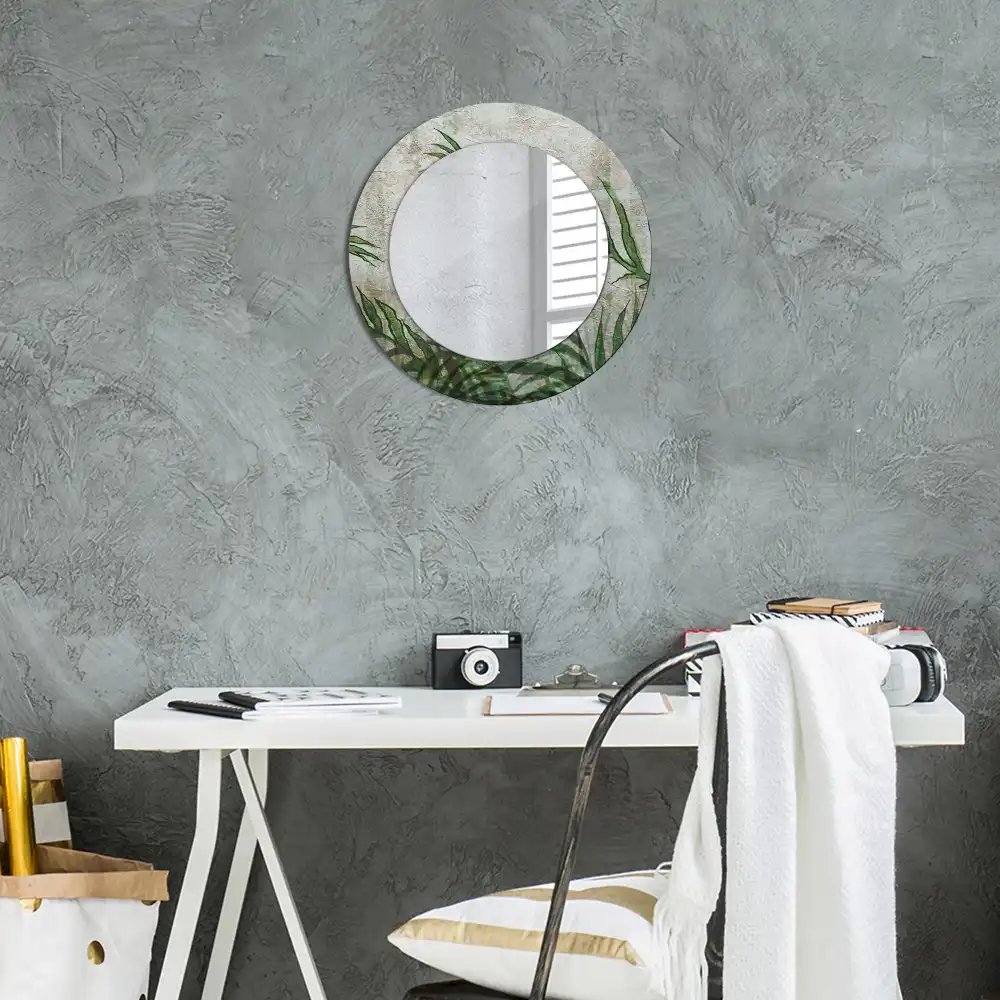 Miroir rond cadre avec impression feuilles de fougère