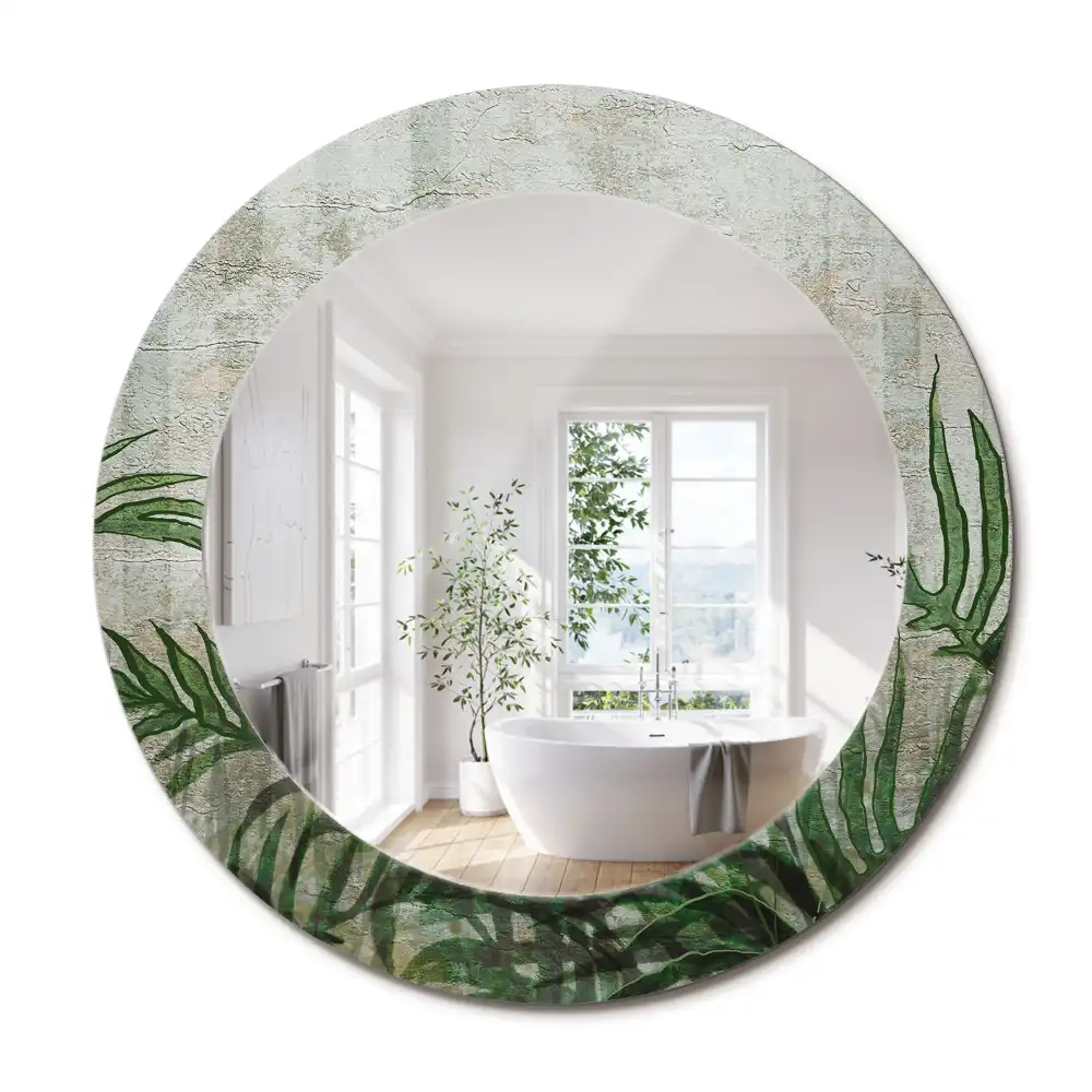 Miroir rond cadre avec impression feuilles de fougère