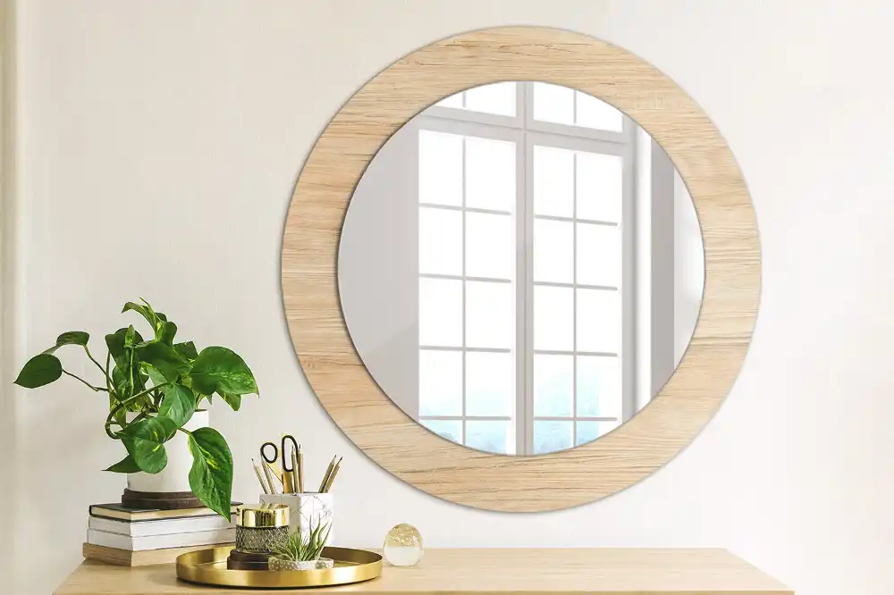 Miroir rond cadre imprimé matériau bois