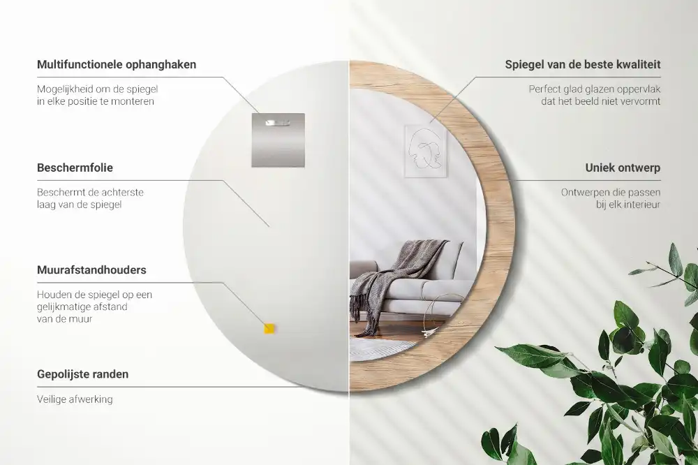 Miroir rond cadre imprimé matériau bois