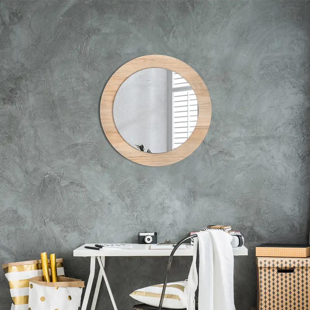 Miroir rond cadre imprimé matériau bois