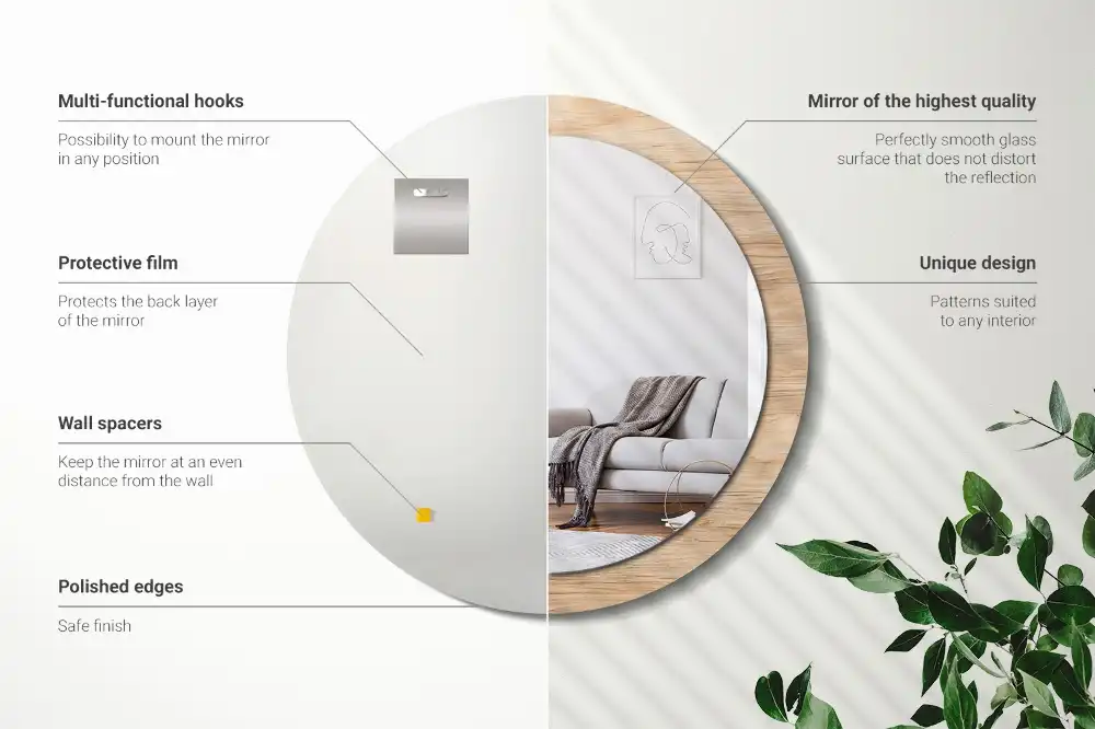 Miroir rond cadre imprimé matériau bois