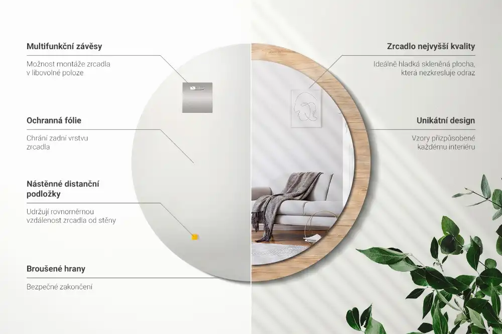 Miroir rond cadre imprimé matériau bois