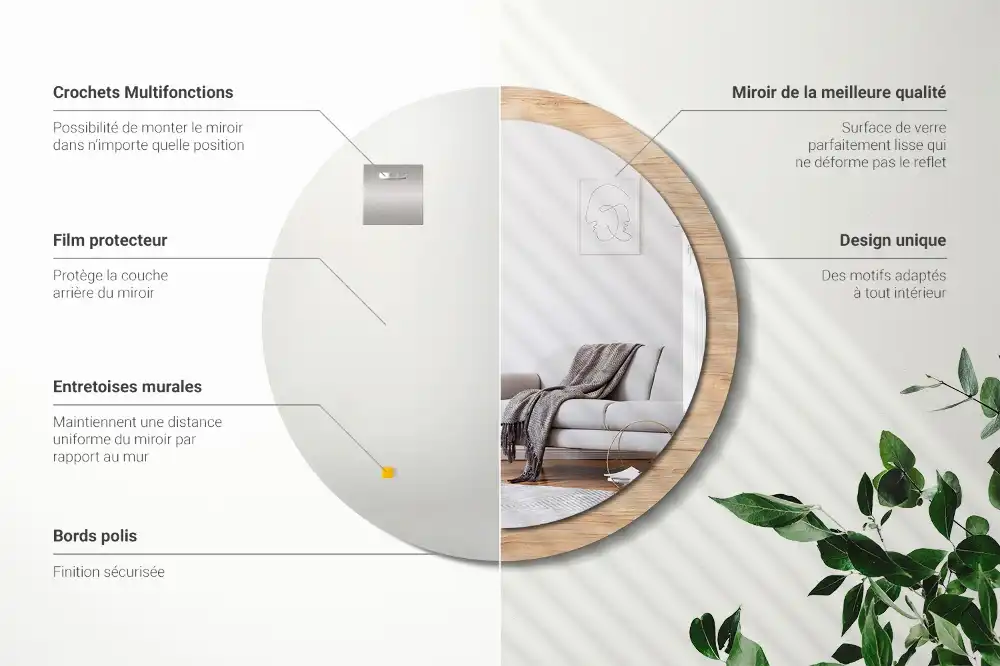 Miroir rond cadre imprimé matériau bois