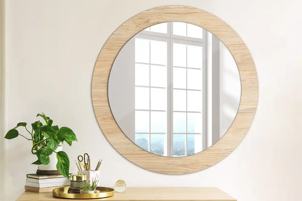 Miroir rond cadre imprimé matériau bois