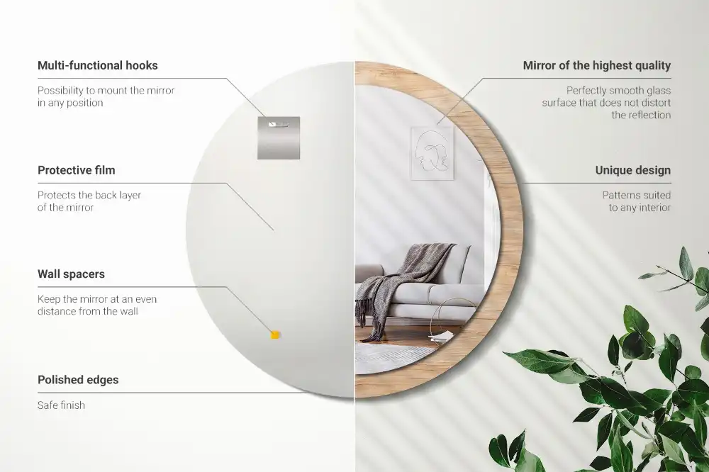 Miroir rond cadre imprimé matériau bois
