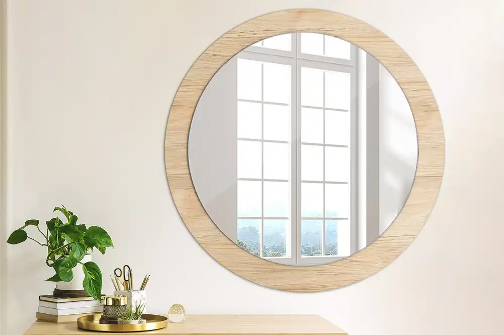 Miroir rond cadre imprimé matériau bois