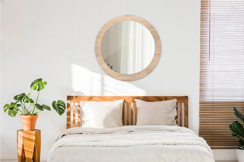 Miroir rond cadre imprimé matériau bois