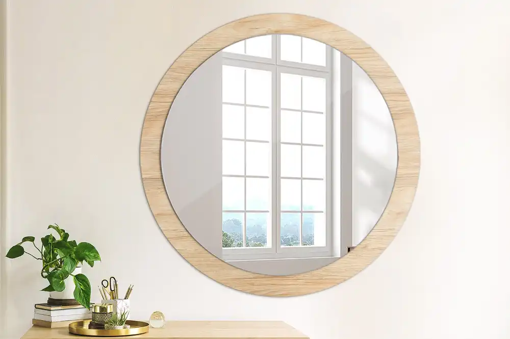Miroir rond cadre imprimé matériau bois