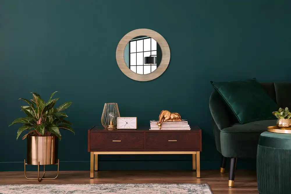 Miroir rond cadre imprimé matériau bois