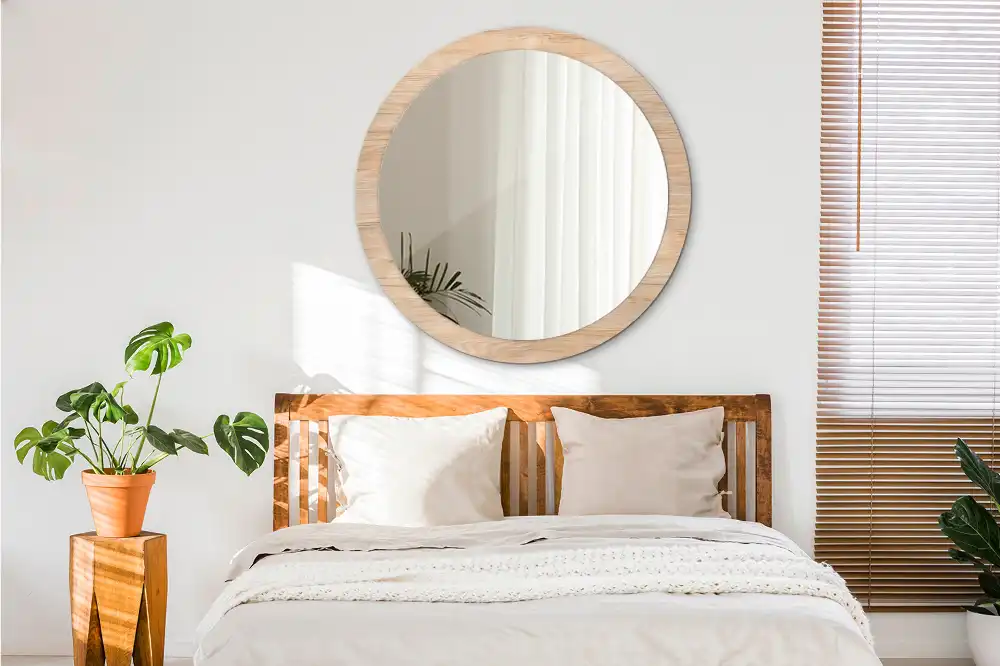 Miroir rond cadre imprimé matériau bois