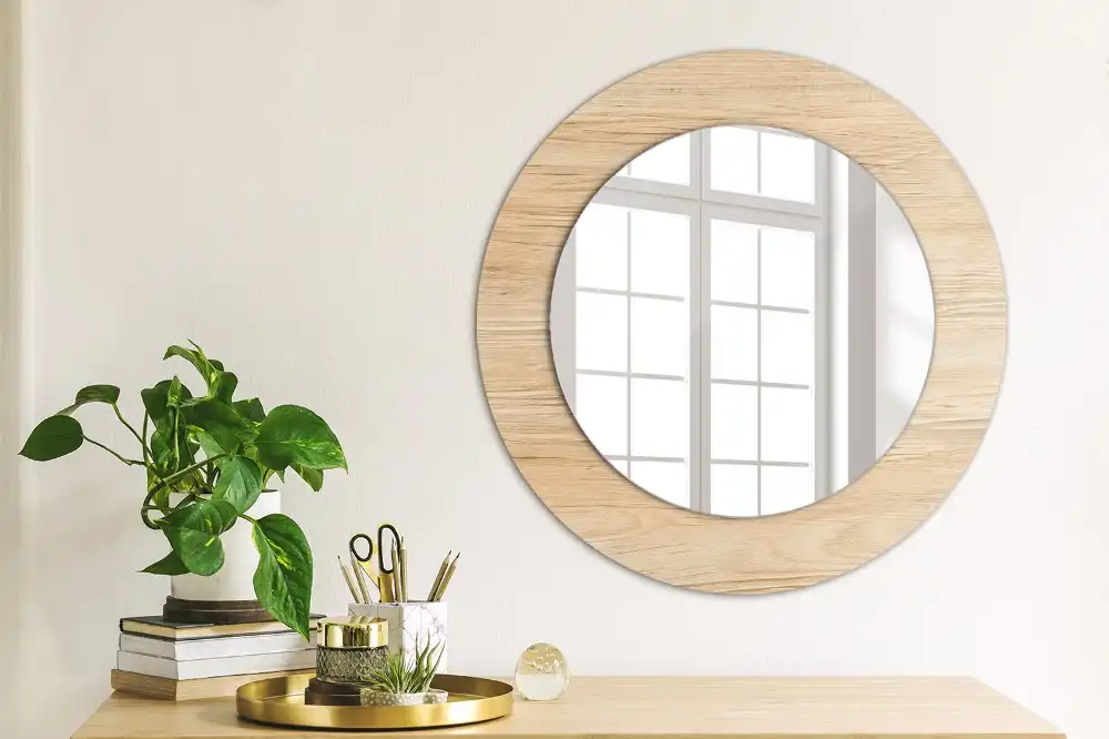 Miroir rond cadre imprimé matériau bois
