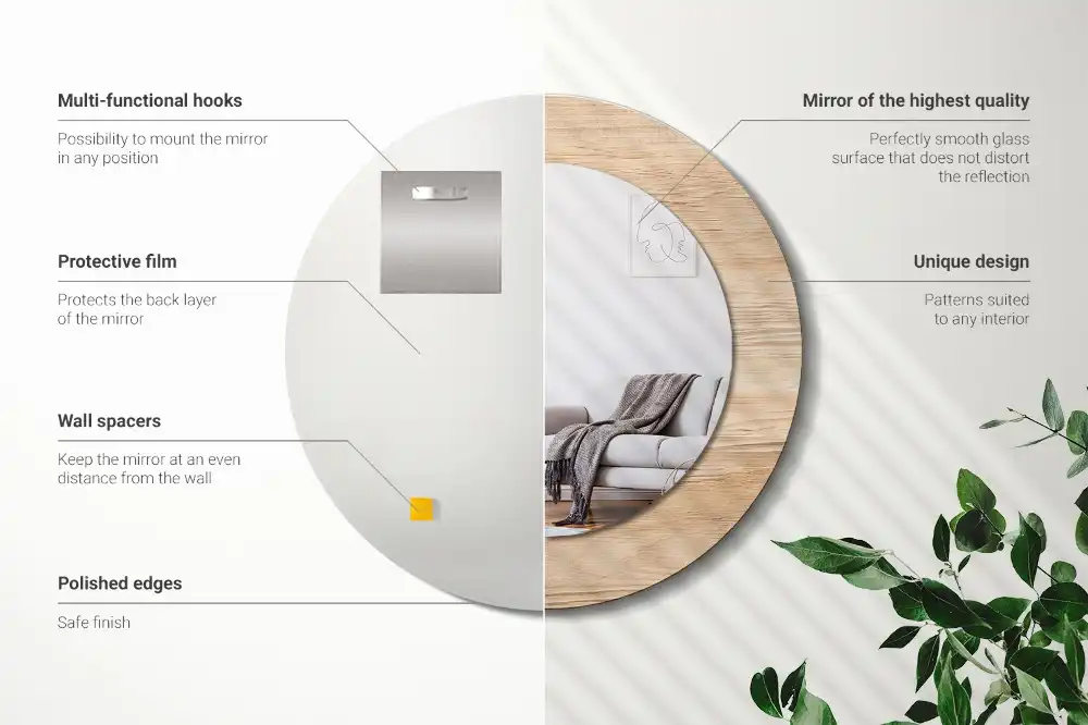 Miroir rond cadre imprimé matériau bois
