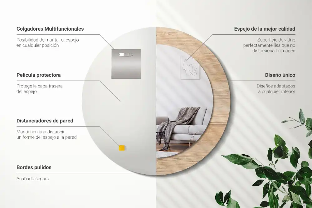 Miroir rond cadre imprimé matériau bois