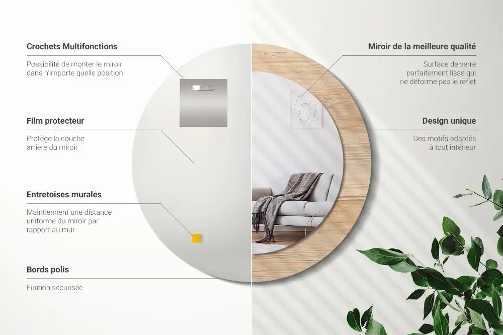 Miroir rond cadre imprimé matériau bois