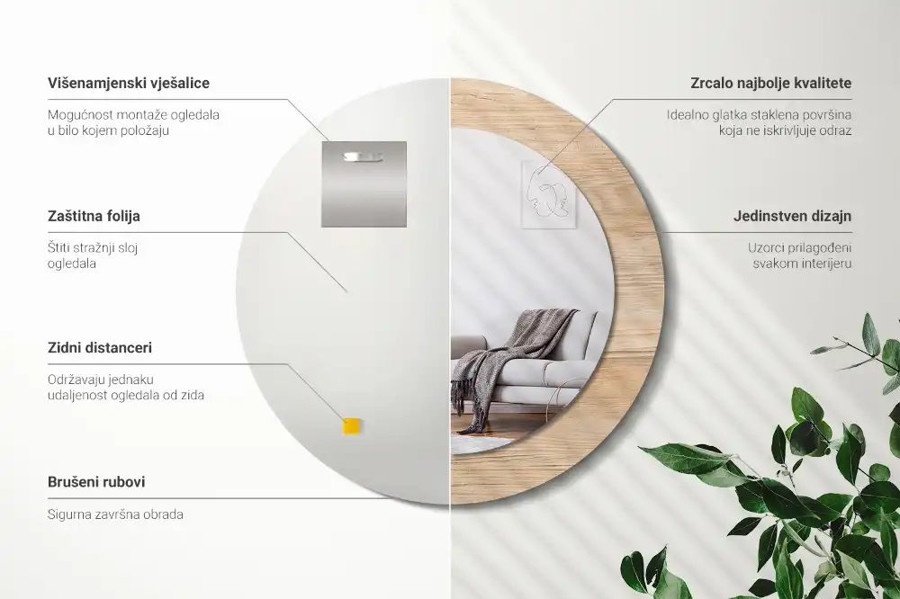Miroir rond cadre imprimé matériau bois
