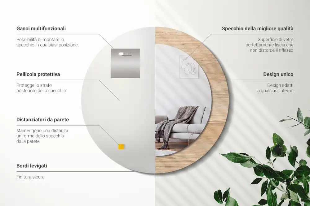 Miroir rond cadre imprimé matériau bois