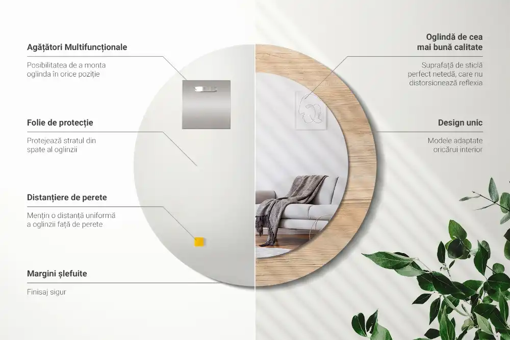 Miroir rond cadre imprimé matériau bois