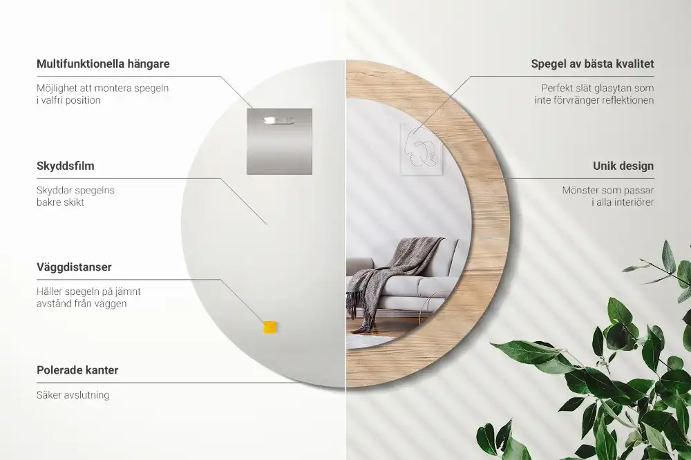 Miroir rond cadre imprimé matériau bois