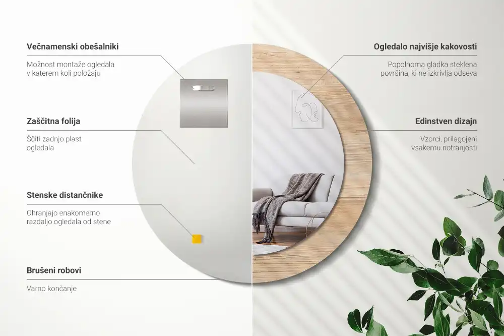 Miroir rond cadre imprimé matériau bois