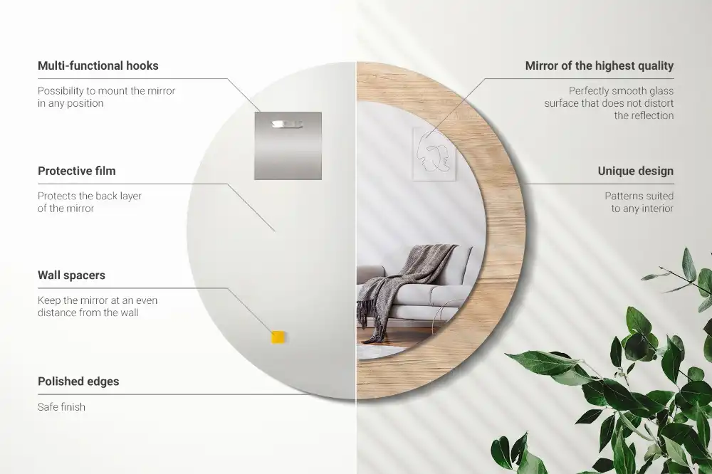 Miroir rond cadre imprimé matériau bois