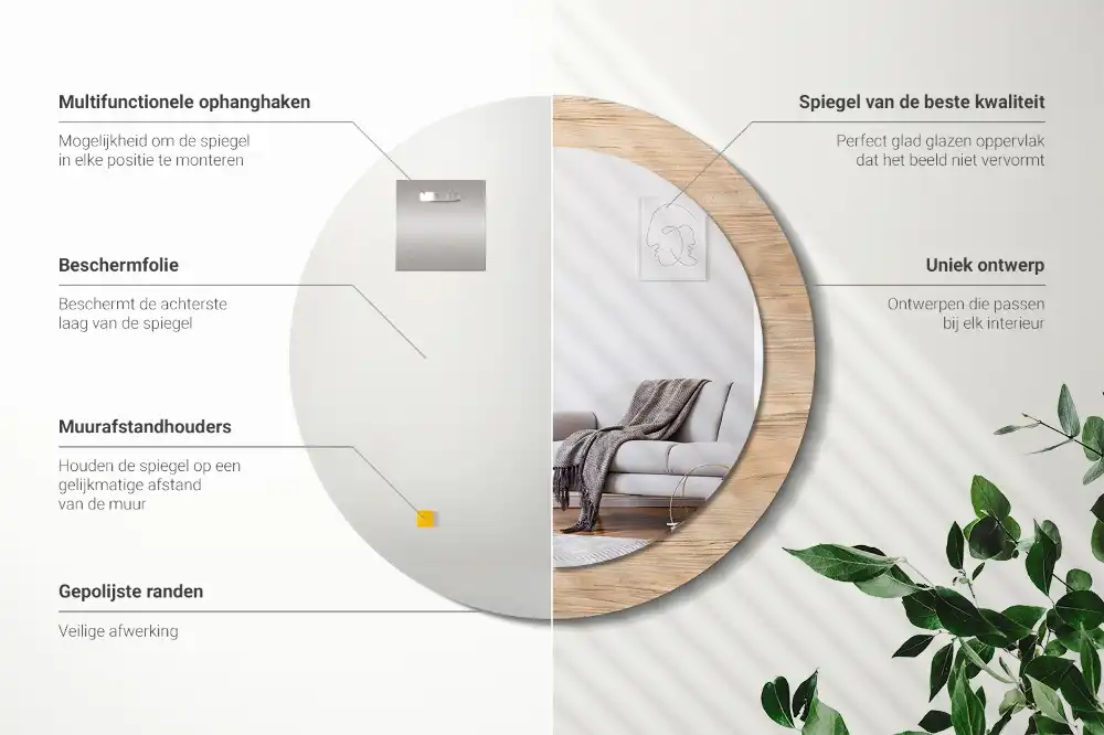Miroir rond cadre imprimé matériau bois