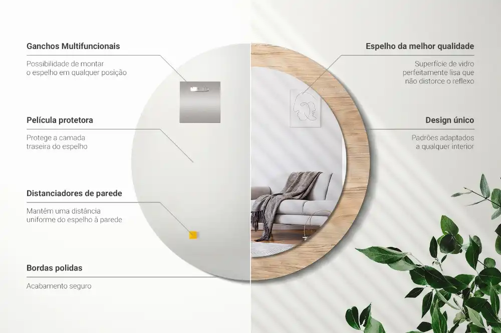 Miroir rond cadre imprimé matériau bois