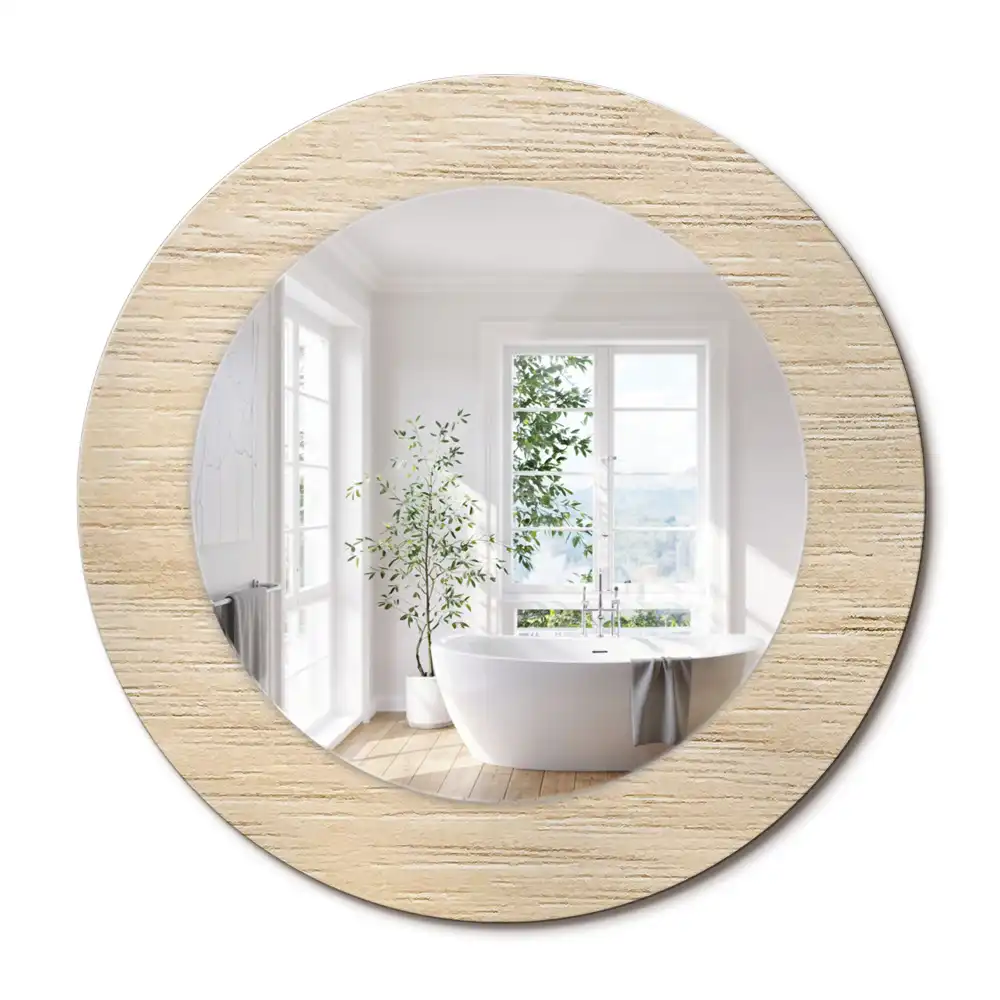 Miroir rond avec décoration bois clair