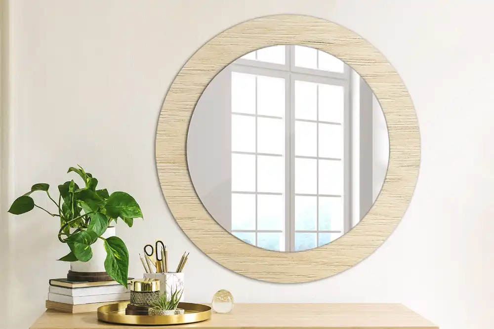 Miroir rond avec décoration bois clair