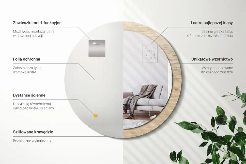 Miroir rond avec décoration bois clair