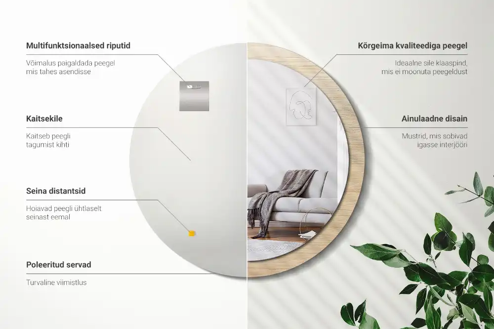 Miroir rond avec décoration bois clair