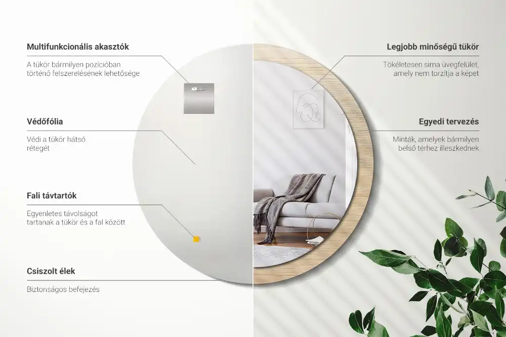 Miroir rond avec décoration bois clair