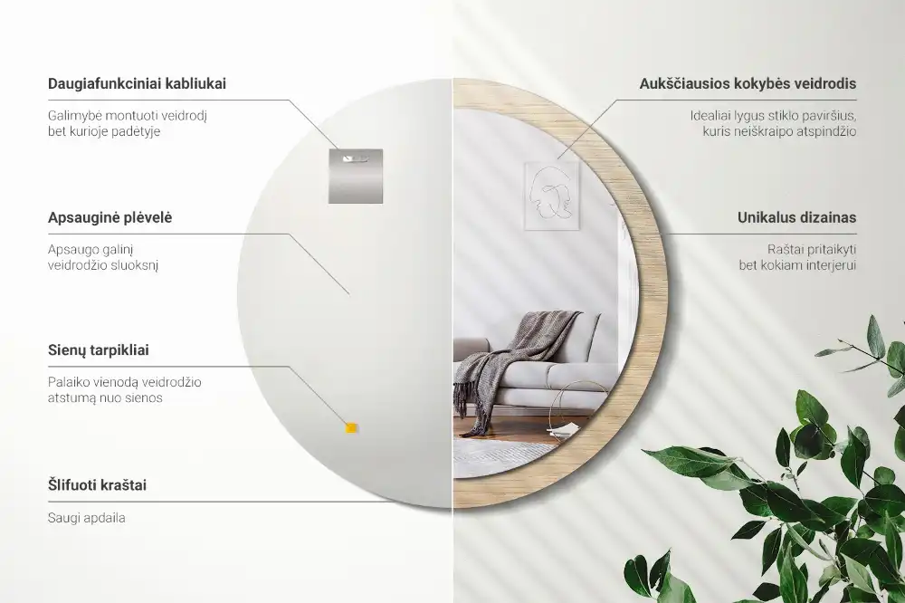 Miroir rond avec décoration bois clair