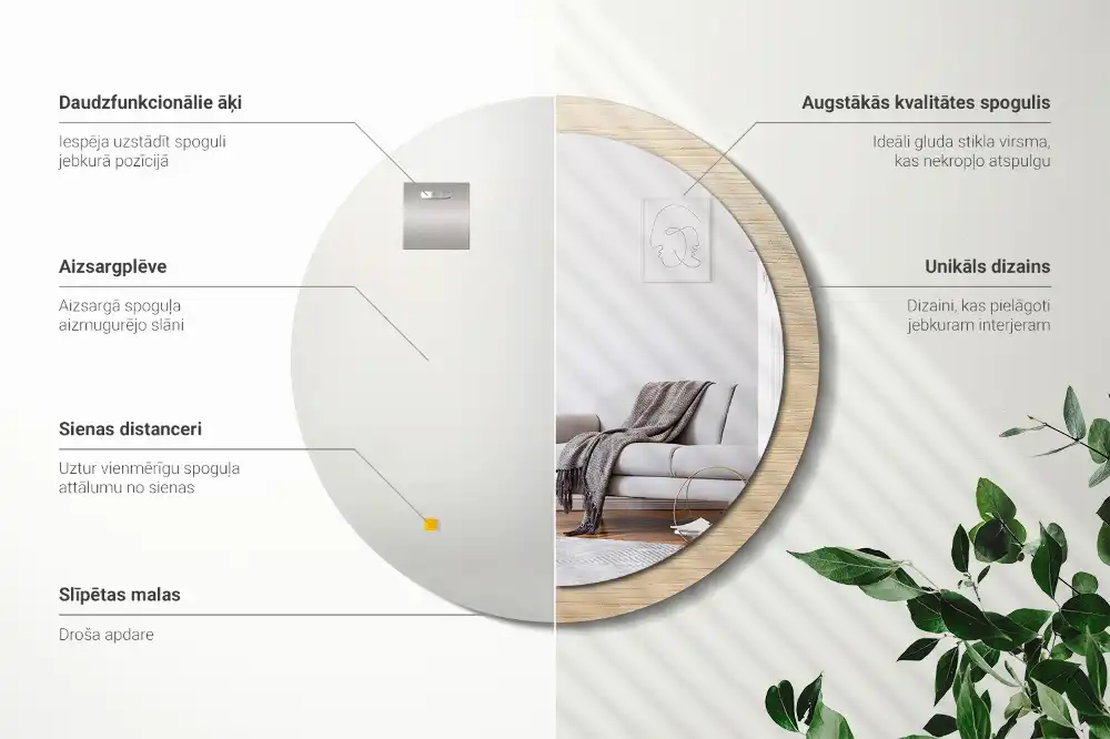 Miroir rond avec décoration bois clair