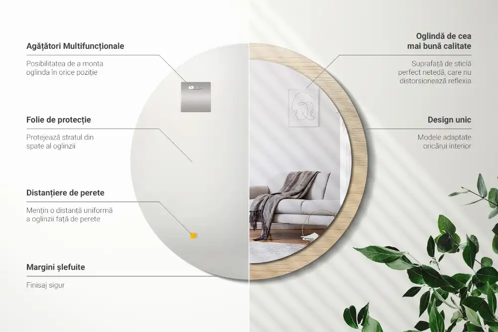 Miroir rond avec décoration bois clair