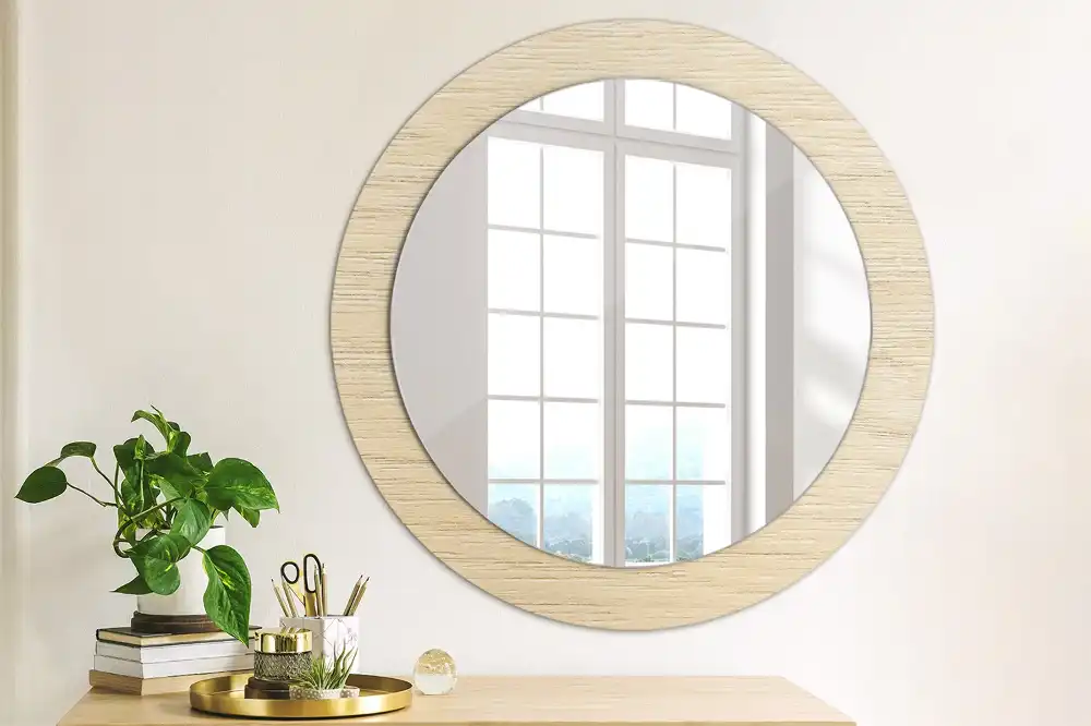 Miroir rond avec décoration bois clair