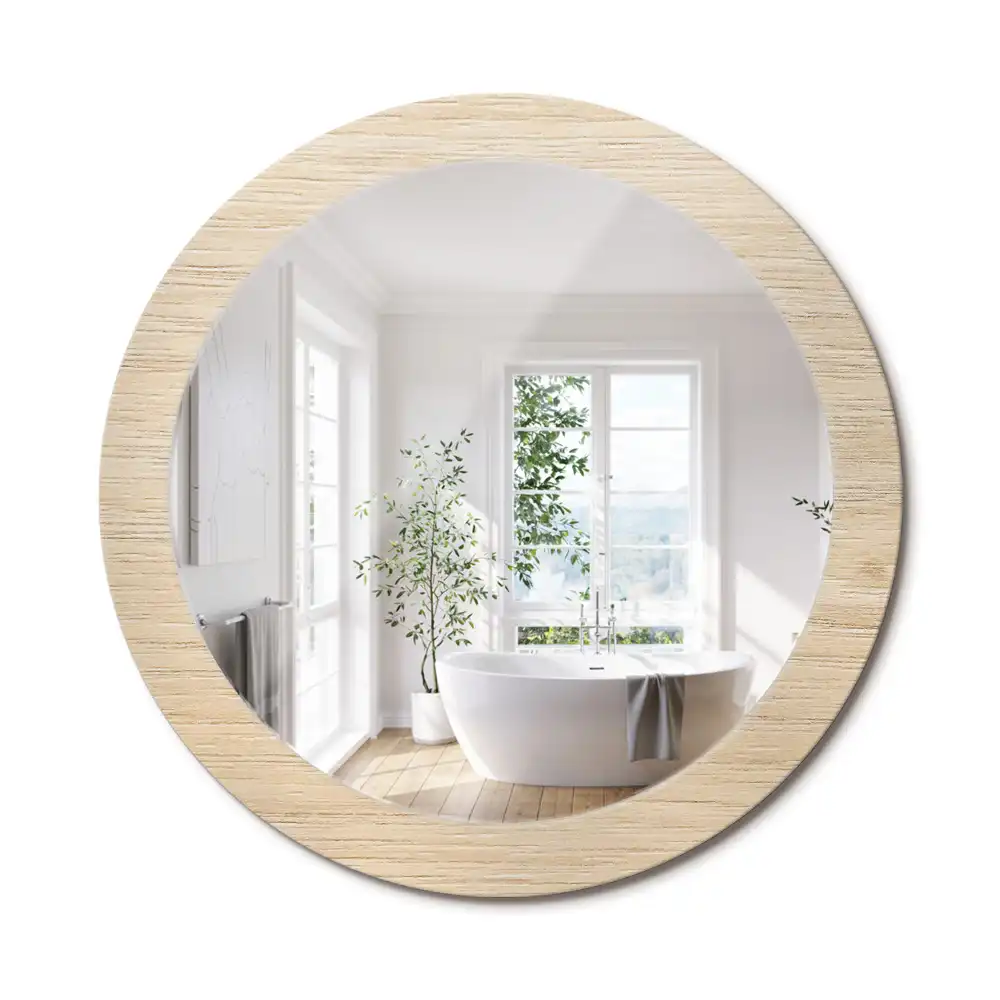 Miroir rond avec décoration bois clair