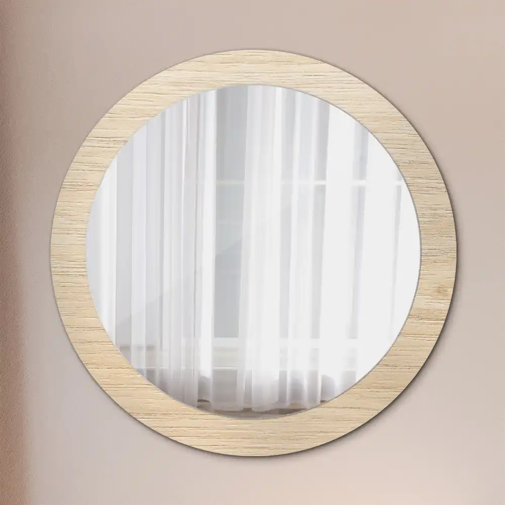 Miroir rond avec décoration bois clair