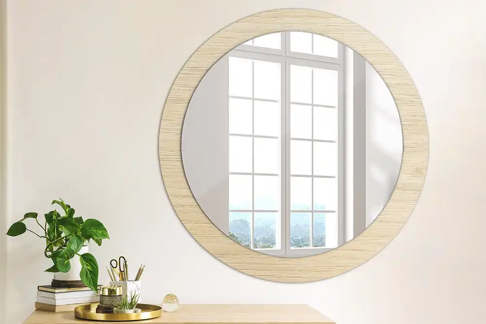Miroir rond avec décoration bois clair