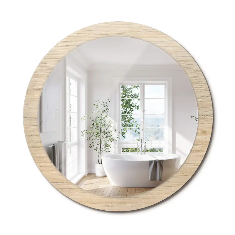 Miroir rond avec décoration bois clair