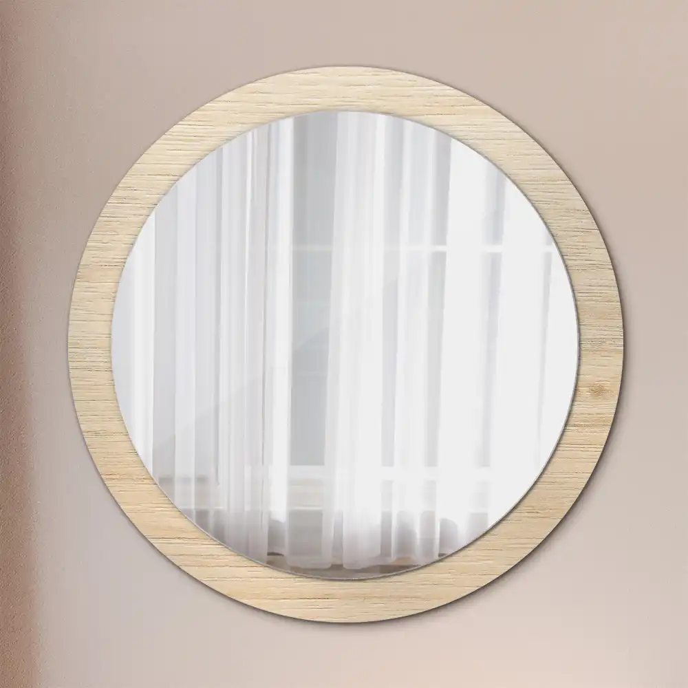 Miroir rond avec décoration bois clair