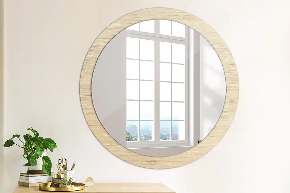 Miroir rond avec décoration bois clair